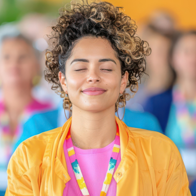 Stress awareness: why it matters for your patients 6 A woman with curly hair and yellow jacket with eyes closed, representing stress awareness