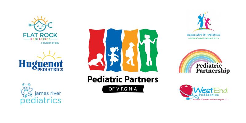 Logos of pediatric partners of virginia practices—associates in pediatrics, flat rock pediatrics, huguenot pediatrics, james river pediatrics, pediatric partnership, and west end pediatrics—highlighting their partnership with allied bhi to support integrated behavioral health care in richmond, virginia.